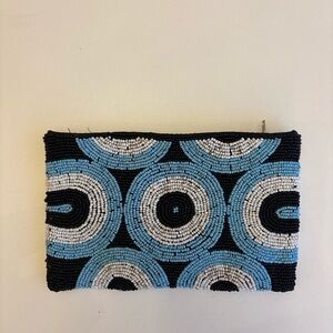 Hand-Beaded Geometric Clutch | Blue Black White